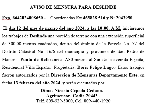 Aviso deslinde 12 Marzo